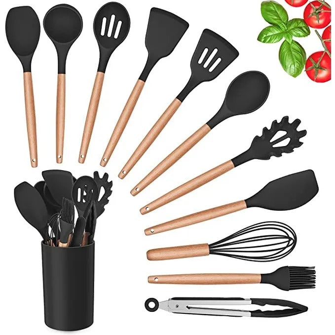 Kit Chef Elegance: Utensílios de Silicone e Madeira - 12 Peças