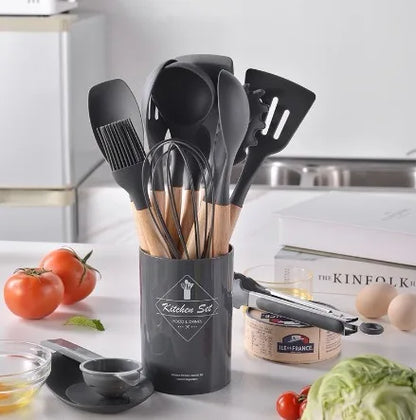 Kit Chef Elegance: Utensílios de Silicone e Madeira - 12 Peças