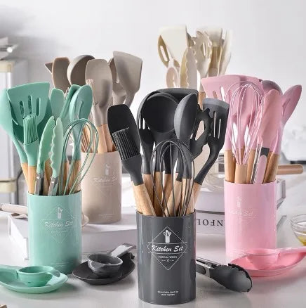 Kit Chef Elegance: Utensílios de Silicone e Madeira - 12 Peças