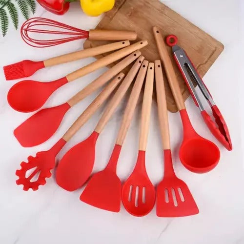 Kit Chef Elegance: Utensílios de Silicone e Madeira - 12 Peças