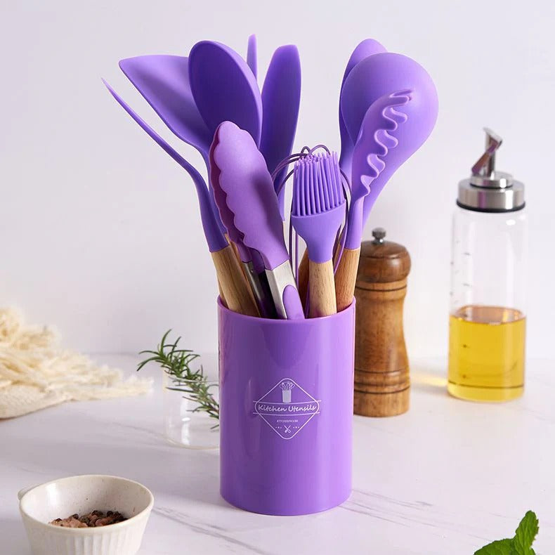 Kit Chef Elegance: Utensílios de Silicone e Madeira - 12 Peças