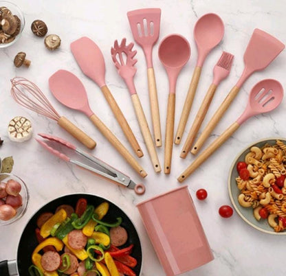 Kit Chef Elegance: Utensílios de Silicone e Madeira - 12 Peças